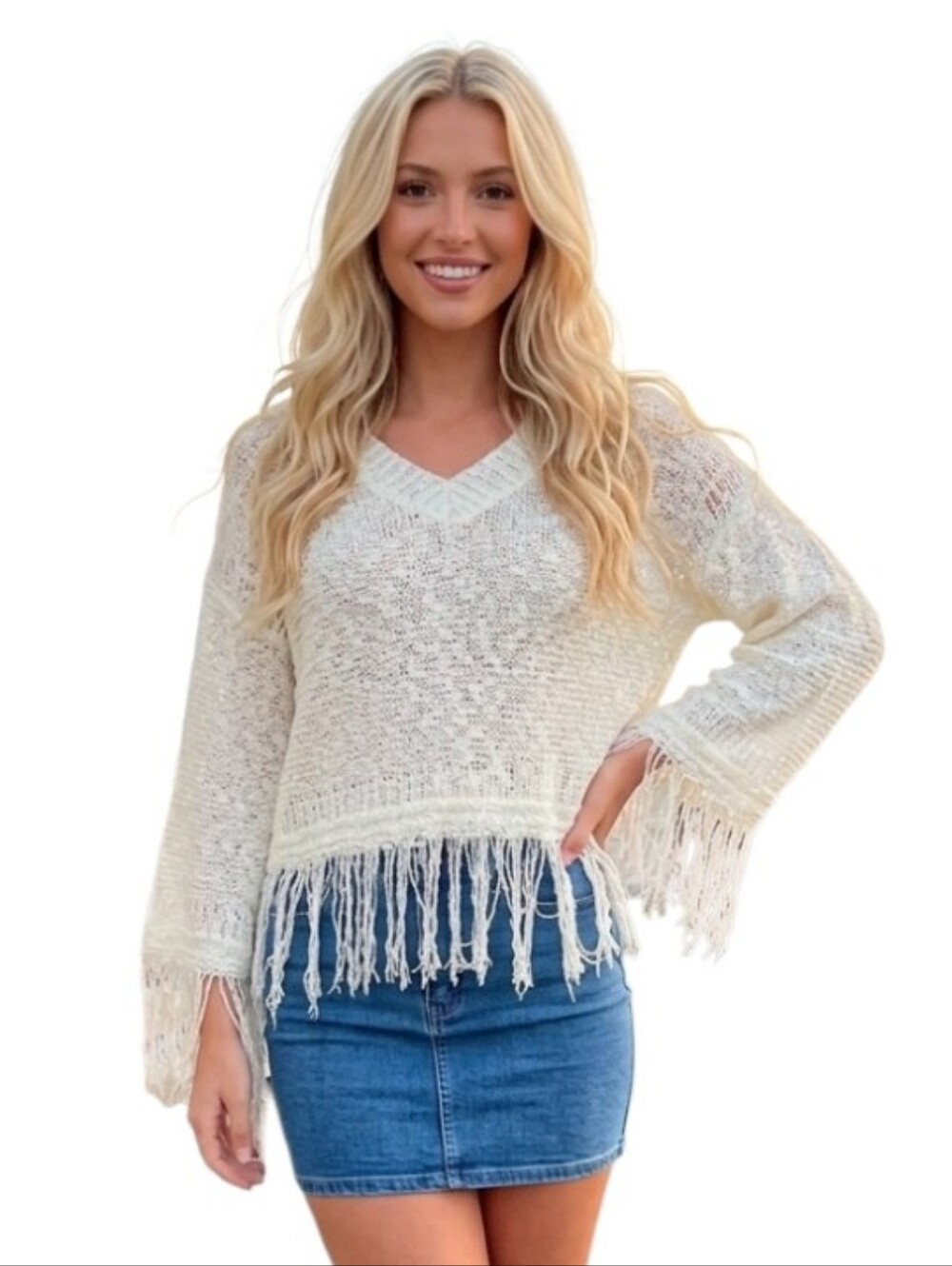 NWT Six/Fifty Coastal Cowgirl Fringe Cream Sweater Western Fringe Cropped S